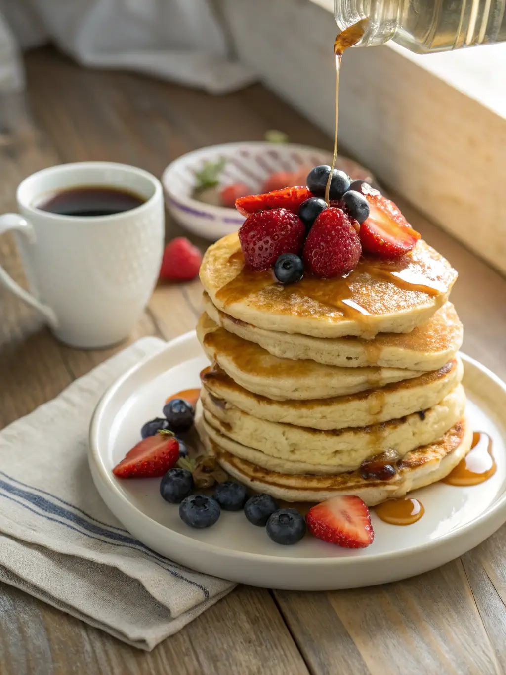 A stack of fluffy maple pancakes, drizzled with maple syrup and topped with fresh berries and whipped cream, presented on a rustic wooden table.