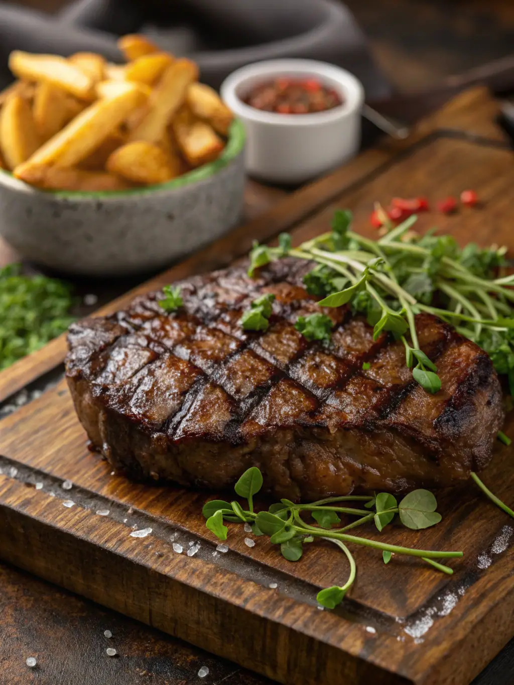 A juicy, medium-rare maple-infused sirloin steak, sliced and fanned out on a wooden board, with a side of creamy mashed potatoes and sautéed green beans.