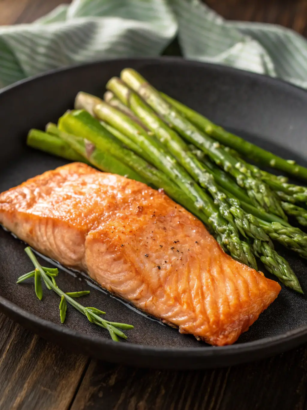 A perfectly grilled maple-glazed salmon fillet, garnished with fresh dill and lemon, presented on a white plate with a side of roasted asparagus.