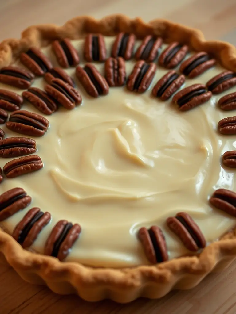 A close-up shot of a slice of homemade maple pecan pie, with a flaky crust and a rich, gooey filling, served with a scoop of vanilla ice cream.